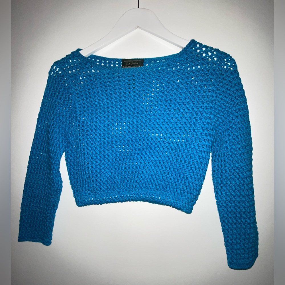 Lauren Ralph Lauren Exclusive Hand Knit Blue crochet crop top 100% cotton Small